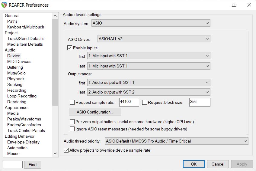 Audio Device Settings Main Screen