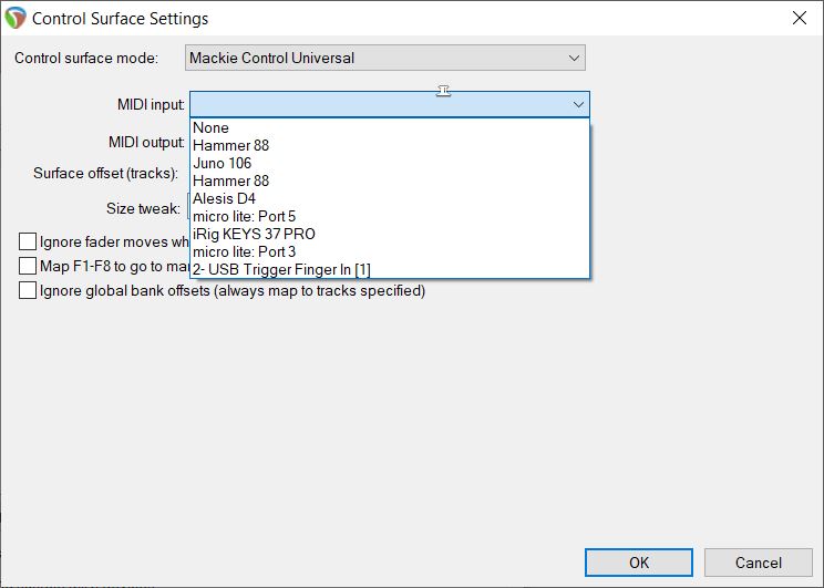 Control Surface Settings MIDI Input