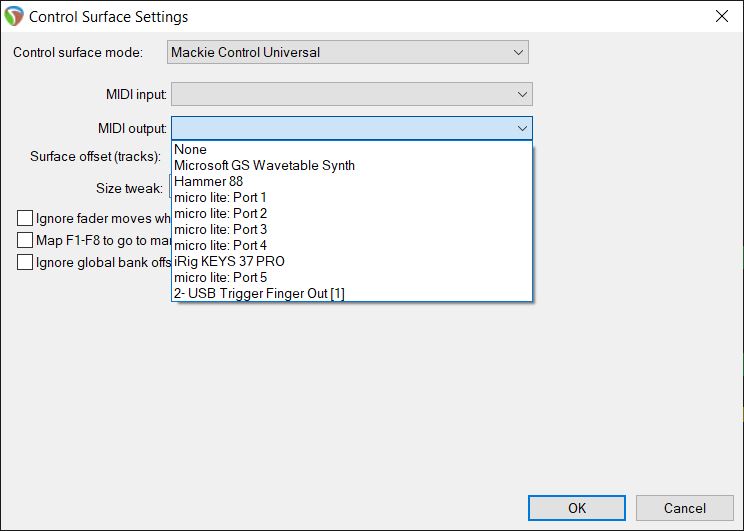 Control Surface Settings MIDI Output