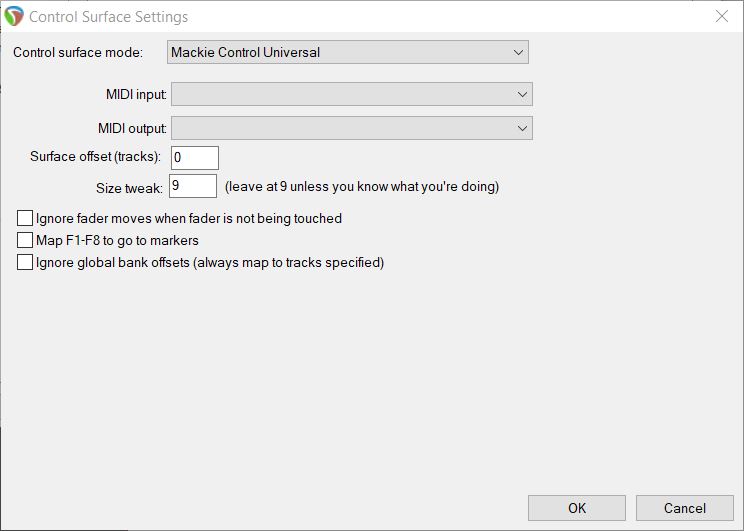 Control Surface Settings Main Screen